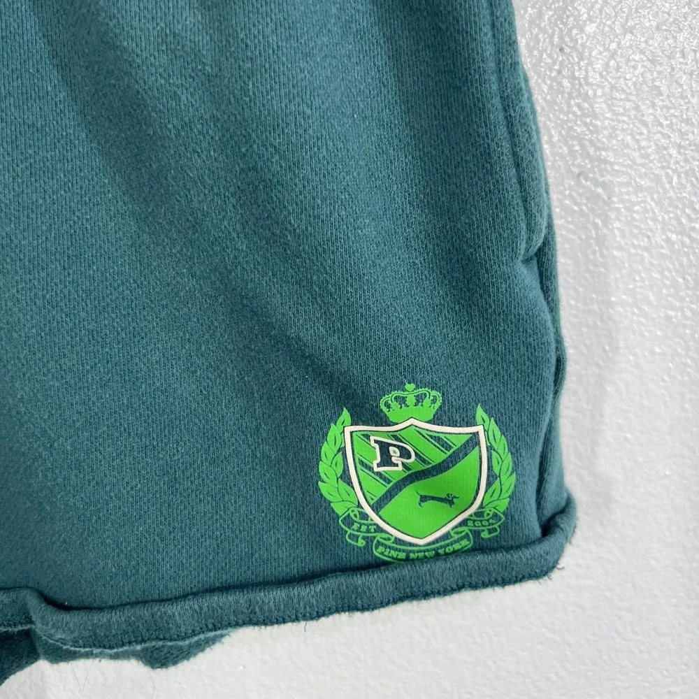 PINK Victoria's Secret Campus Fleece Shorts Medium Green Varsity Crest Raw Hem